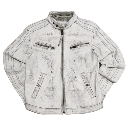 Veste en cuir blanc patinée - Style motarde - L