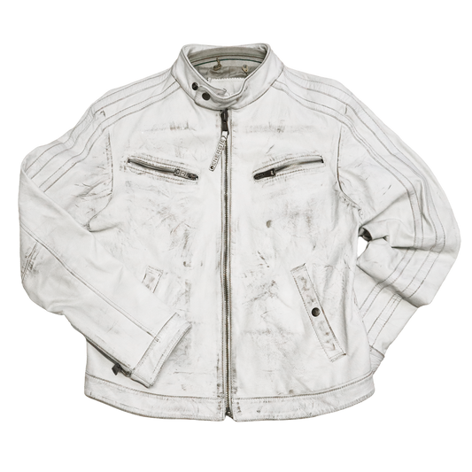 Veste en cuir blanc patinée - Style motarde - L