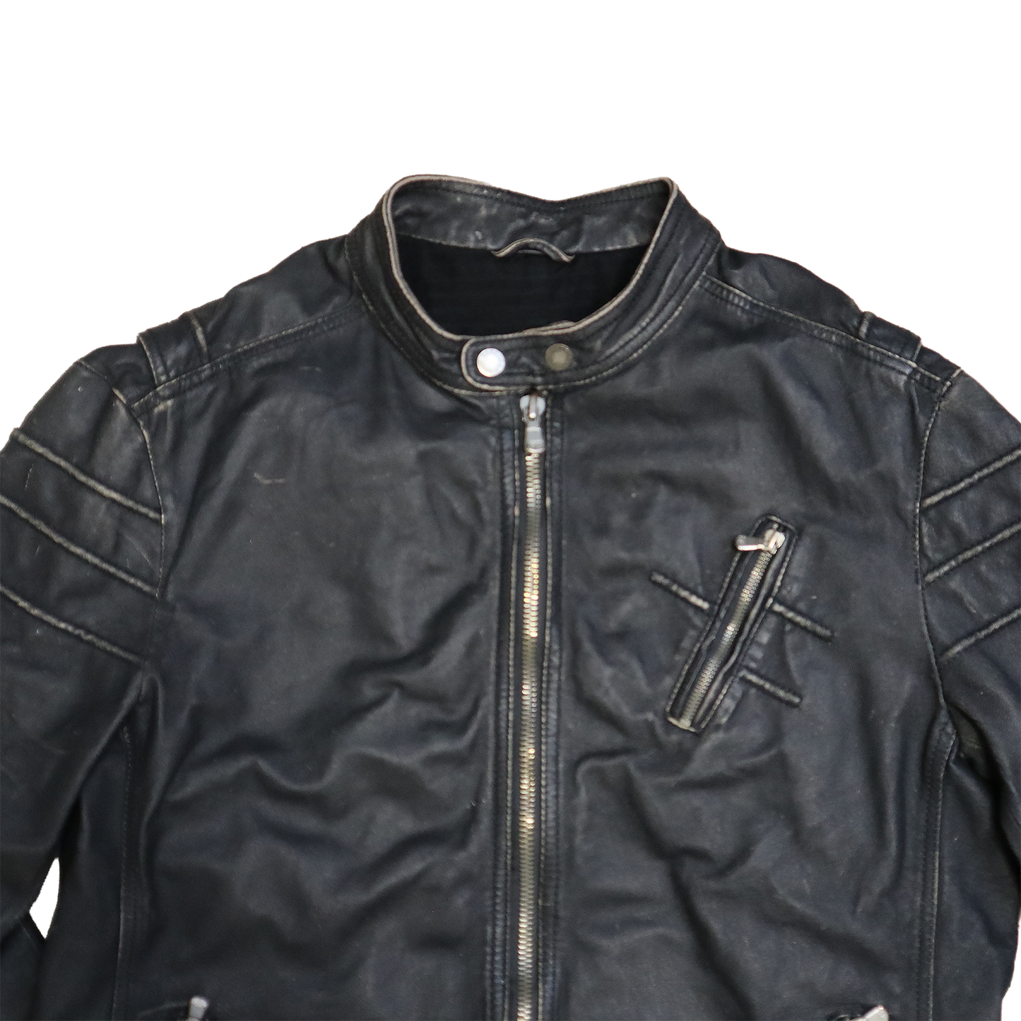 Veste en cuir noir patinée - Style motarde - XL