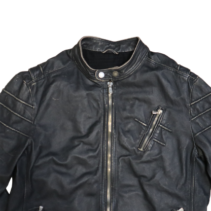 Veste en cuir noir patinée - Style motarde - XL