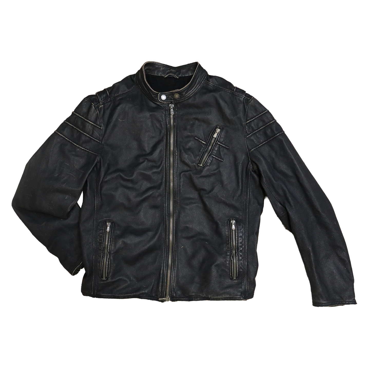 Veste en cuir noir patinée - Style motarde - XL