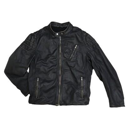 Veste en cuir noir patinée - Style motarde - XL