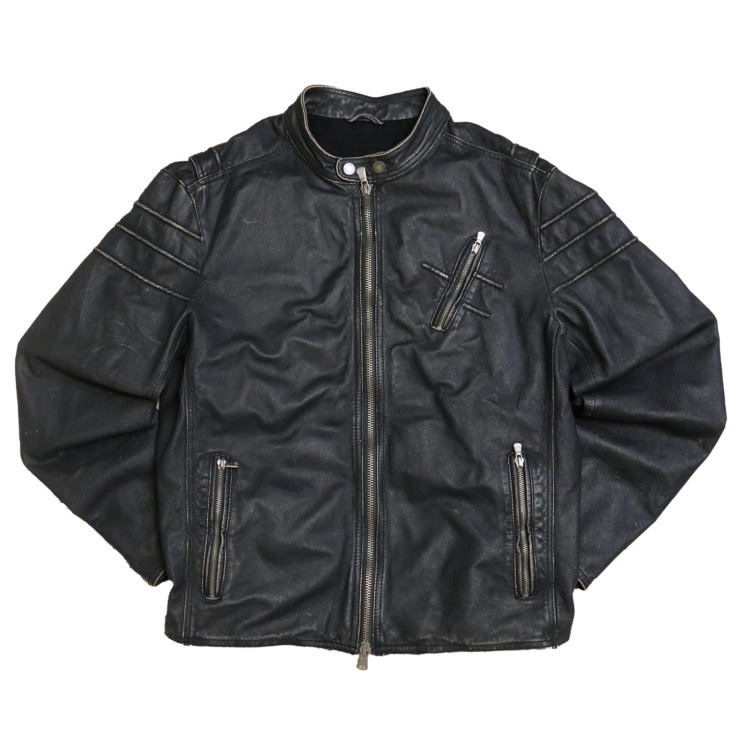 Veste en cuir noir patinée - Style motarde - XL