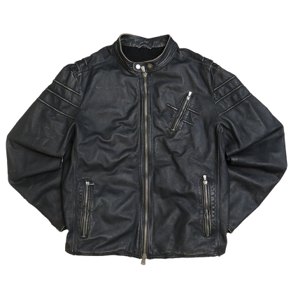 Veste en cuir noir patinée - Style motarde - XL