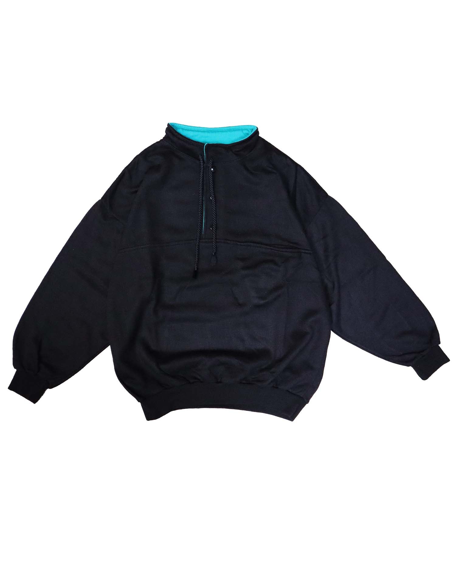 Pull Sweat Vintage "Troyer" Noir & Col Turquoise – S - Coupe Oversize Retro
