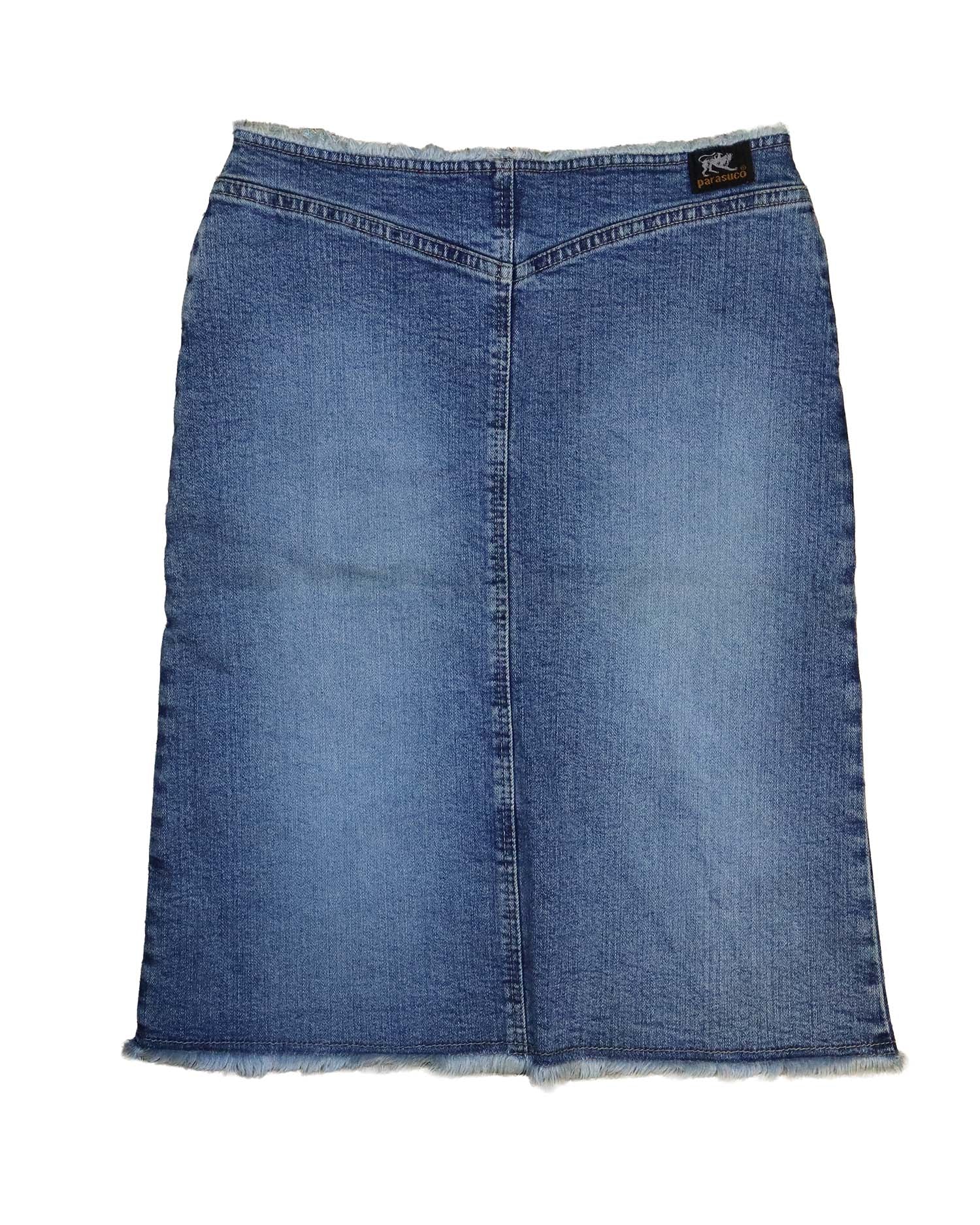 Jupe Midi en Jean Vintage - S – Finitions Effilochées & Délavage Medium – Style Y2K