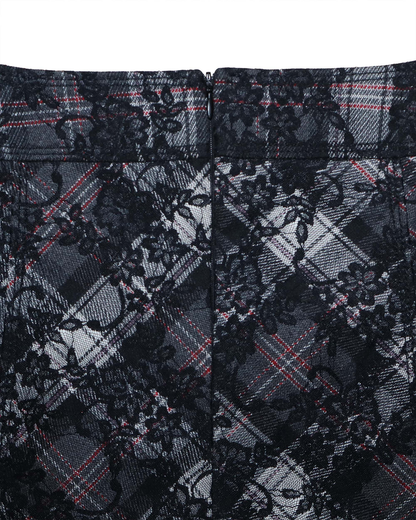 Jupe trapèze à dentelle et carreaux - L